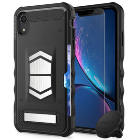 Apple iPhone XR ELECTRO Series Combo Case [with Tempered Glass, Kickstand, Card Slot, Built-in Magnet, and Air Vent Magnetic Mount] - Black / Black