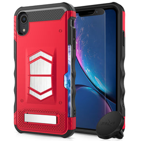 Apple iPhone XR ELECTRO Series Combo Case [with Tempered Glass, Kickstand, Card Slot, Built-in Magnet, and Air Vent Magnetic Mount] - Red / Black