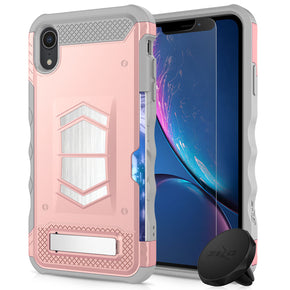 Apple iPhone XR ELECTRO Series Combo Case [with Tempered Glass, Kickstand, Card Slot, Built-in Magnet, and Air Vent Magnetic Mount] - Rose Gold / Grey
