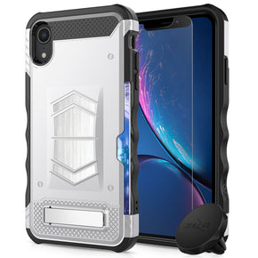 Apple iPhone XR ELECTRO Series Combo Case [with Tempered Glass, Kickstand, Card Slot, Built-in Magnet, and Air Vent Magnetic Mount] - Silver / Black