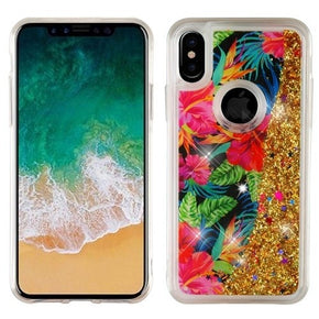 Apple iPhone X / XS Quicksand Glitter Hybrid Protector Cover - Electric Hibiscus & Gold