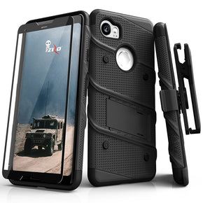 Google Pixel 3 BOLT Series Combo Case [with Built-in Kickstand, Holster, and Tempered Glass] - Black / Black