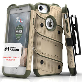 Apple iPhone 8/7 BOLT Series Combo Case [with Built-in Kickstand, Holster, and Tempered Glass] - Desert Tan / Camo Green