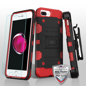 Apple iPhone 8/7 Plus 3-in-1 Storm Tank Hybrid Protector Cover Combo (with Holster and Tempered Glass) - Black / Red