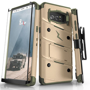 Samsung Galaxy Note 8 BOLT Series Combo Case [with Built-in Kickstand, Holster and Tempered Glass] - Desert Tan / Camo Green