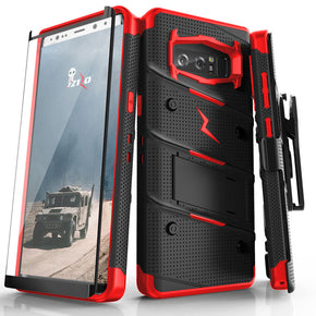 Samsung Galaxy Note 8 BOLT Series Combo Case [with Built-in Kickstand, Holster and Tempered Glass] -  Black / Red
