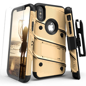 Apple iPhone XS/X BOLT Series Combo Case (with Kickstand, Holster, and Tempered Glass) - Gold / Black