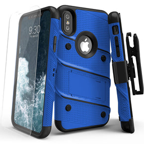 Apple iPhone XS/X BOLT Series Combo Case (with Kickstand, Holster, and Tempered Glass) - Blue / Black