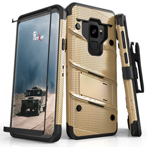Samsung Galaxy S9 BOLT Cover w/ Kickstand, Holster, Tempered Glass Screen Protector & Lanyard - Gold/Black