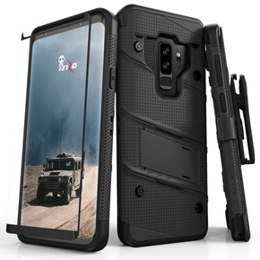 Samsung Galaxy S9 Plus BOLT Cover w/ Kickstand, Holster, Tempered Glass Screen Protector & Lanyard - Black/Black