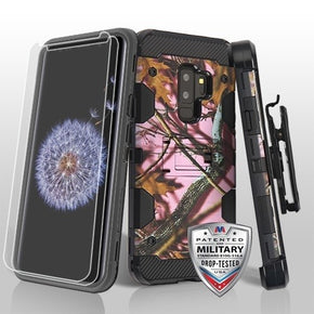 Samsung Galaxy S9 Plus 3-in-1 Storm Tank Hybrid Holster Combo Case with Twin Screen Protectors - Pink Oak-Hunting Camouflage