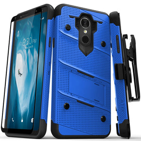 Motorola Moto E5 Supra BOLT Cover w/ Kickstand Holster, Tempered Glass Screen Protector, Lanyard - Blue / Black