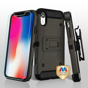Apple iPhone XR 3-in-1 Kinetic Hybrid Protector Cover (with Holster and Tempered Glass) - Grey / Black