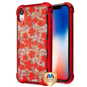Apple iPhone XR TUFF Quicksand Glitter Lite Hybrid Protector Cover - Hibiscus Flower & Silver Sparkles / Red Electroplating