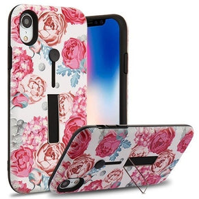 Apple iPhone XR Finger Grip Hybrid Protector Cover w/ Silicone Strap & Metal Stand - Victorian Flower / Black
