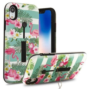 Apple iPhone XR Grip Hybrid Protector Cover w/ Silicone Strap & Metal Stand - Tropical Flamingo / Black Finger