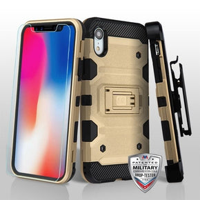 Apple iPhone XR 3-in-1 Storm Tank Hybrid Holster Combo Case with Tempered Glass - Gold / Black