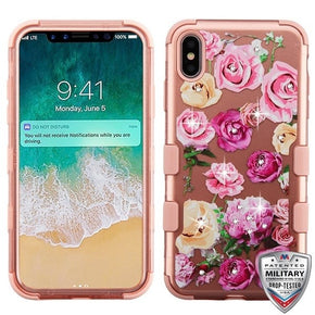 Apple iPhone XS Max TUFF Hybrid Protector Cover (with Diamonds) - Roses (2D Rose Gold) / Rose Gold