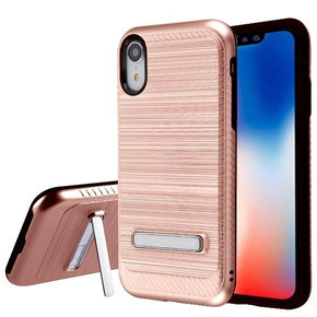 Apple iPhone XR Hybrid Protector Cover w/ Magnetic Metal Stand - Rose Gold Brushed & Carbon Fiber Accent / Black
