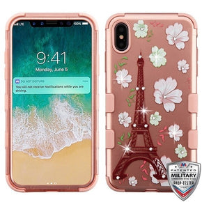 Apple iPhone XS Max TUFF Hybrid Protector Cover (with Diamonds) - Eiffel Tower in Bloom (2D Rose Gold) / Rose Gold