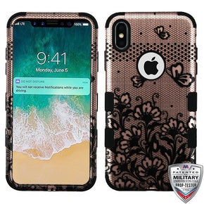 Apple iPhone XS Max TUFF Hybrid Protector Cover - Black Lace Flowers (2D Rose Gold) / Black