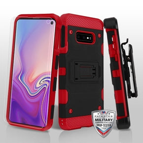 Samsung Galaxy S10e 3-in-1 Storm Tank Hybrid Protector Cover Combo (with Holster + Full-Coverage Screen Protector) - Black / Red