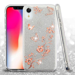 Apple iPhone XR Full Glitter Hybrid Protector Cover w/ Diamonds - Butterflies in Spring Flowers