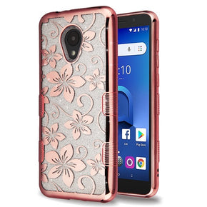 Alcatel 1X Evolve / Ideal Xtra / 5059R MyBat TUFF Hybrid Protector Cover with Package - Electroplating Rose Gold Hibiscus Flower / Transparent Clear Full Glitter