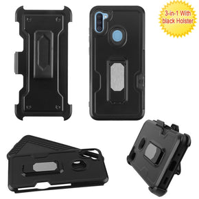 Samsung Galaxy A11 Grip Stand Protector Cover Combo Case (with Black Holster)(with Card Holder) - Black / Black
