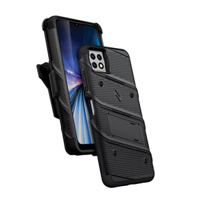 Samsung Galaxy A22 5G / Boost Celero 5G Bolt Series Combo Case (with Kickstand, Holster, and Tempered Glass) - Black / Black
