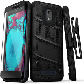 Foxxd Miro BOLT Series Combo Case [with Built-in Kickstand, Holster, and Tempered Glass] - Black / Black