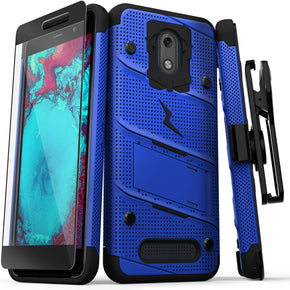 Foxxd Miro BOLT Series Combo Case [with Built-in Kickstand, Holster, and Tempered Glass] - Blue / Black