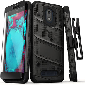 Foxxd Miro BOLT Series Combo Case [with Built-in Kickstand, Holster, and Tempered Glass] - Grey / Black