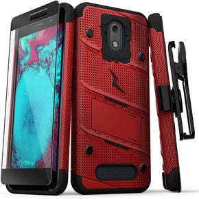 Foxxd Miro BOLT Series Combo Case [with Built-in Kickstand, Holster, and Tempered Glass] - Red / Black