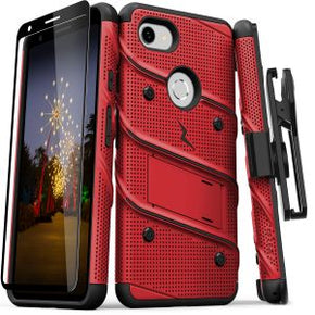 Google Pixel 3a BOLT Series Combo Case [with Built-in Kickstand, Holster, and Tempered Glass] - Red / Black