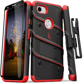 Google Pixel 3a BOLT Series Combo Case [with Built-in Kickstand, Holster, and Tempered Glass] - Black / Red