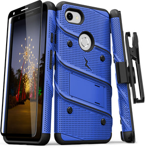 Google Pixel 3a BOLT Series Combo Case [with Built-in Kickstand, Holster, and Tempered Glass] - Blue / Black