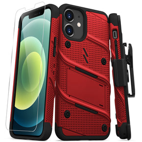 Apple iPhone 12 mini (5.4) Bolt Series Combo Case (with Kickstand, Holster, and Tempered Glass) - Red / Black