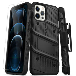 Apple iPhone 12 Pro Max (6.7) Bolt Series Combo Case (with Kickstand, Holster, and Tempered Glass) - Black / Black