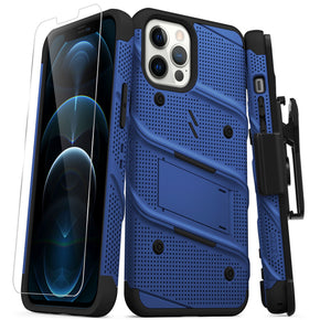 Apple iPhone 12 Pro Max (6.7) Bolt Series Combo Case (with Kickstand, Holster, and Tempered Glass) - Blue / Black