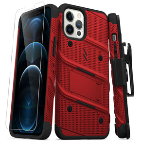 Apple iPhone 12 Pro Max (6.7) Bolt Series Combo Case (with Kickstand, Holster, and Tempered Glass) - Red / Black
