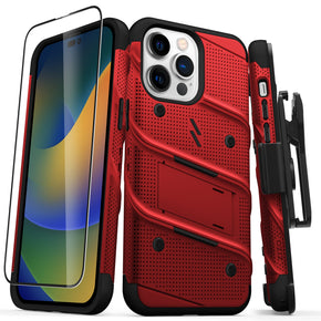 Apple iPhone 14 Pro Max (6.7) Bolt Series Combo Case (with Kickstand, Holster, and Tempered Glass) - Red / Black