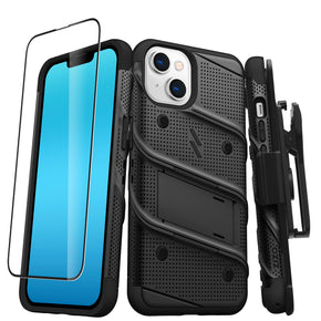 Apple iPhone 14 (6.1) Bolt Series Combo Case (with Kickstand, Holster, and Tempered Glass) - Black / Black