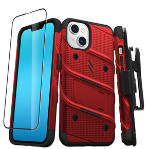 Apple iPhone 14 (6.1) Bolt Series Combo Case (with Kickstand, Holster, and Tempered Glass) - Red / Black