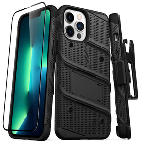 Apple iPhone 13 Pro Max (6.7) Bolt Series Combo Case (with Kickstand, Holster, and Tempered Glass) - Black / Black