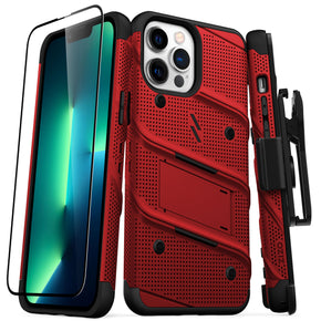 Apple iPhone 13 Pro Max (6.7) Bolt Series Combo Case (with Kickstand, Holster, and Tempered Glass) - Red / Black