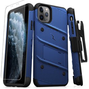 Apple iPhone 11 Pro Max (6.5) Bolt Series Combo Case (with Kickstand, Holster, and Tempered Glass) - Blue / Black