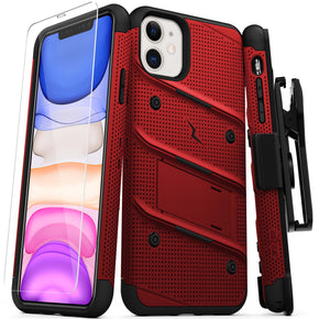 Apple iPhone 11 (6.1) Bolt Series Combo Case (with Kickstand, Holster, and Tempered Glass) - Red / Black