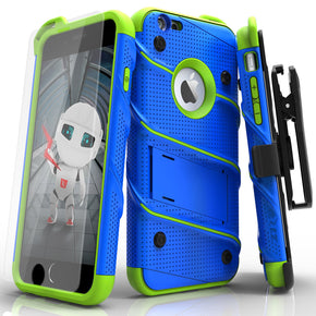 Apple iPhone 6/6S Plus BOLT Series Combo Case [with Built-in Kickstand, Holster, and Tempered Glass] - Blue / Neon Green