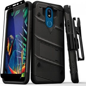 LG K40 / Harmony 3 BOLT Series Combo Case [with Built-in Kickstand, Holster and Tempered Glass] - Metal Grey / Black